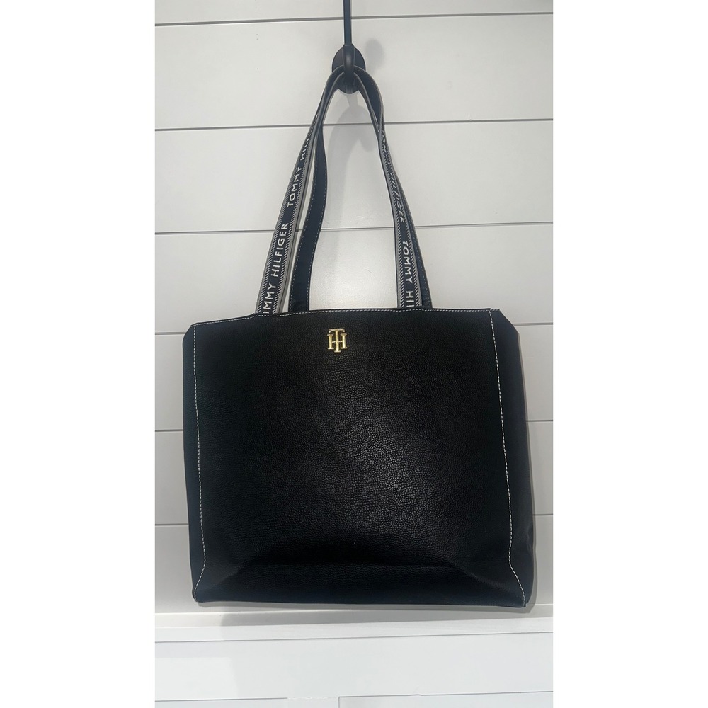 Tommy Hilfiger Black Pebbled Tote Bag White Contrast Stitch Logo Straps Gold TH